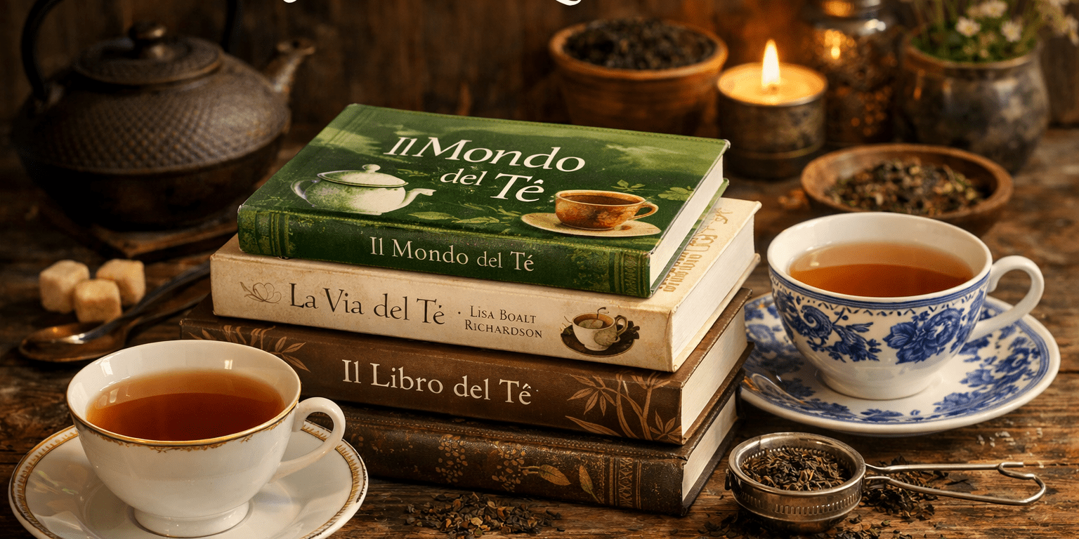 Stack of tea-related books with two cups of tea on wooden table