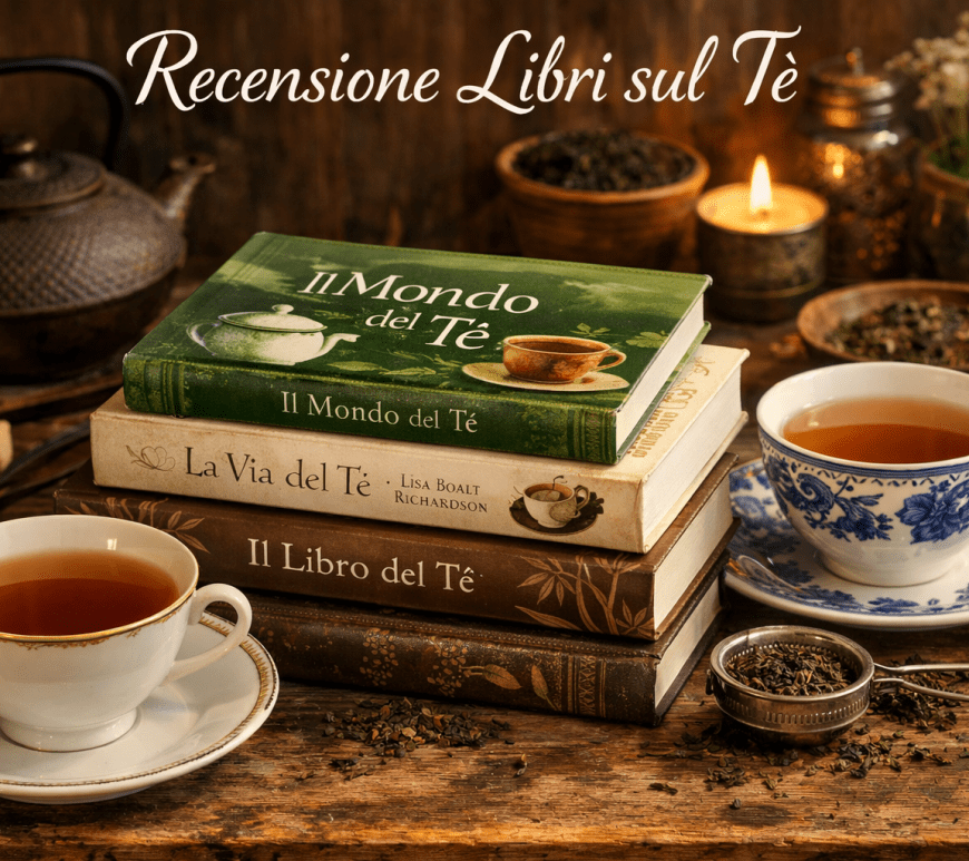 Stack of tea-related books with two cups of tea on wooden table